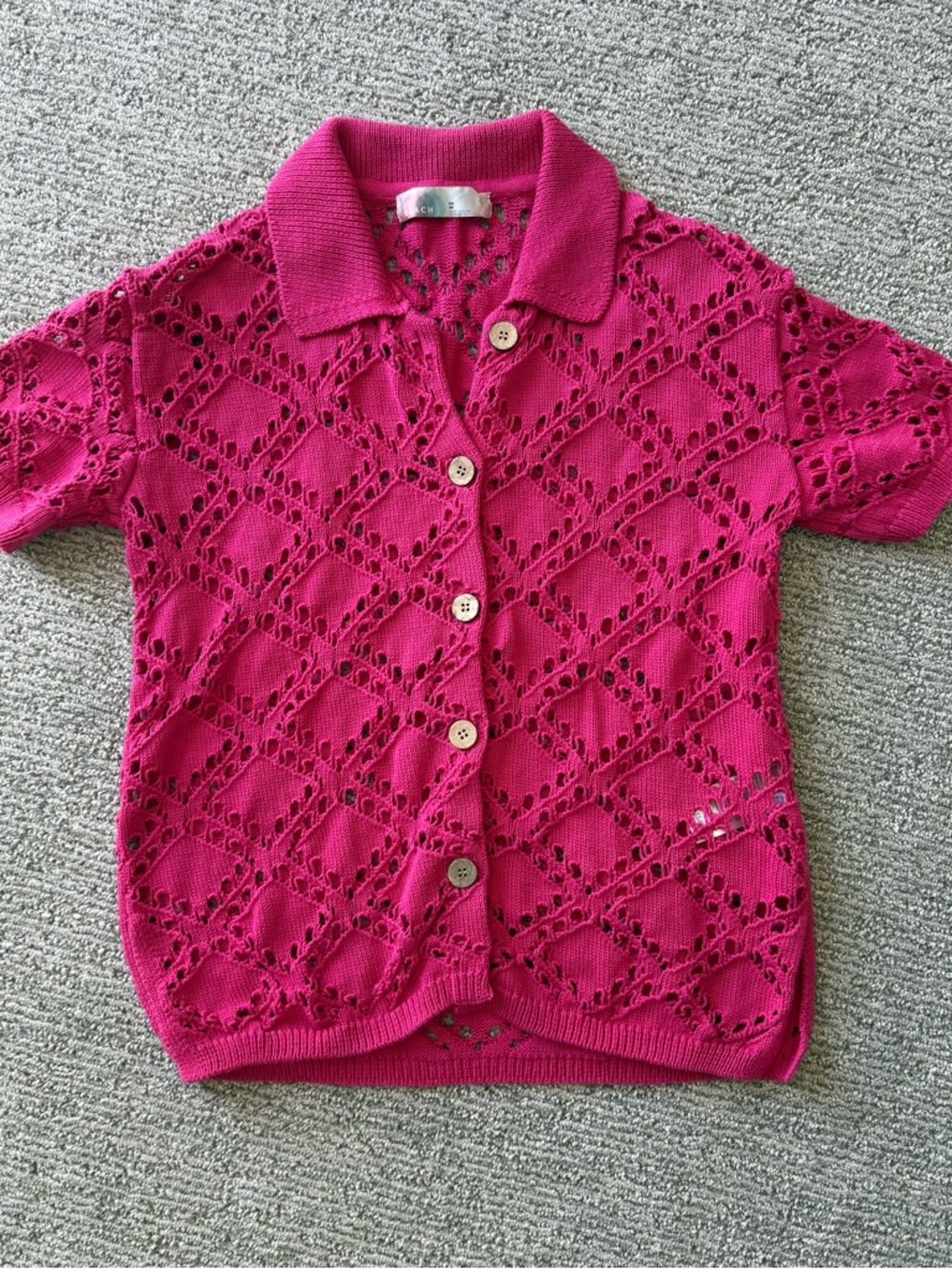 Free People Emily Fauxchet Open-Knit Short Sleeve Cardigan Hot Pink XS - Picture 2 of 7